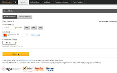 Finalizing a credit card deposit at Betfair Casino