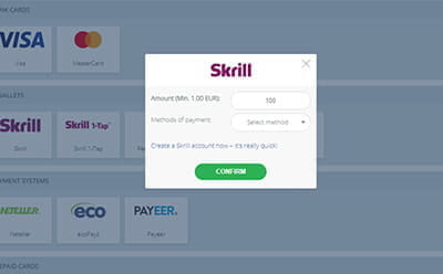 Select the Amount at Skrill at 22bet Casino