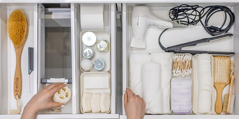 Hotel room amenities fitted in a drawer 